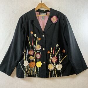 Indigo Soul Womens Statement Blazer Sz 1X Embroidered Floral Whimiscal Artsy